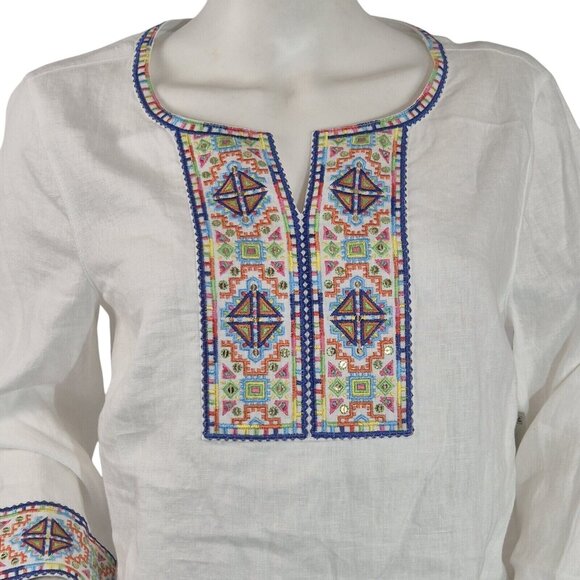 John Mark Womens Embroidered Linen Blouse  size S White Long Sleeve - Picture 2 of 14